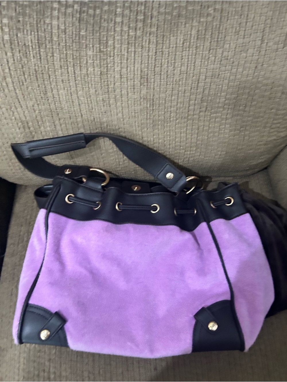 Juicy Couture Purple Suede Drawstring Shoulder Tote with Black Trim - Picture 2 of 3